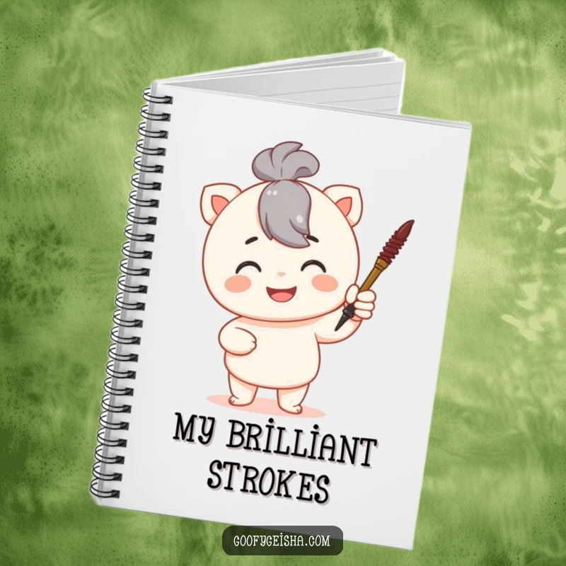 Funny notebook cover with a proud character holding a tiny calligraphy brush, ideal for journaling creative thoughts.