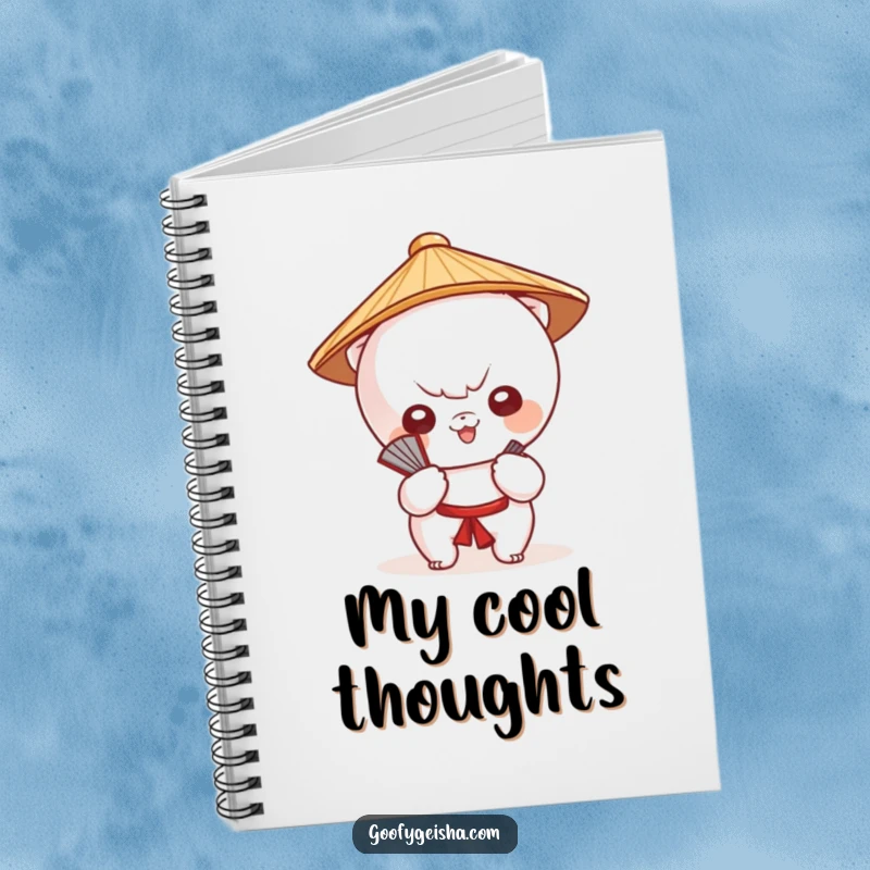 Funny notebook with a cute Kawaii character in a Japanese hat, fanning itself, ideal for writing and drawing.