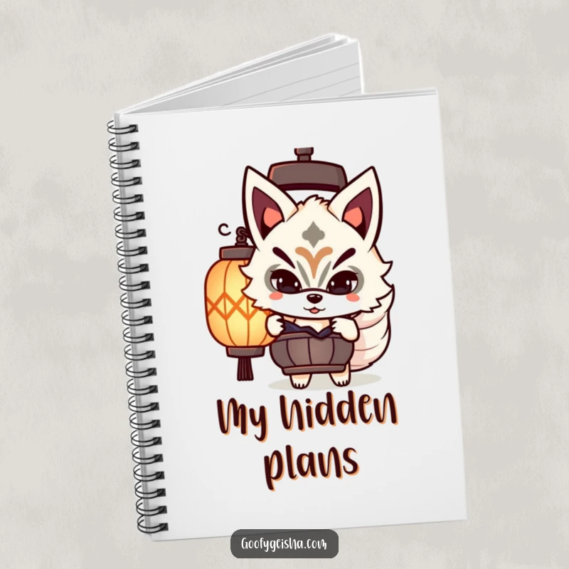 Funny Kitsune mask notebook with a cute character playfully peeking, perfect for jotting down secrets with humor.