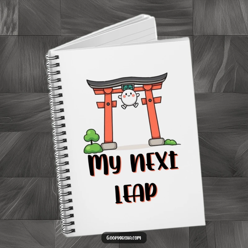 Funny notebook featuring a small character leaping over a stylized torii gate, symbolizing new beginnings and ideas.