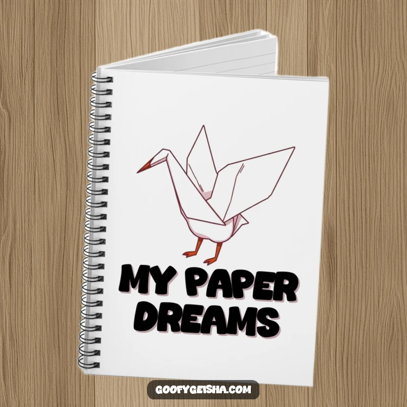 Funny notebook cover displaying a whimsical origami crane playfully flapping its wings, perfect for jotting down artistic thoughts.