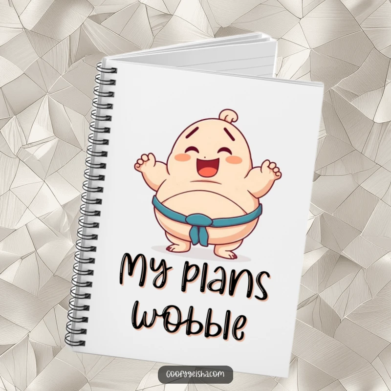 Funny notebook with a cover showing a smiling character in a wobbly sumo pose, perfect for jotting down notes and ideas.