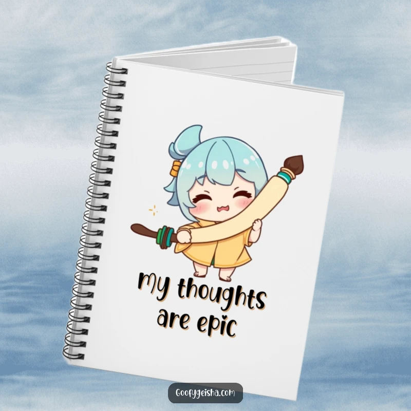 Funny notebook with a character making a funny face, holding a large calligraphy brush, ideal for jotting down creative thoughts.