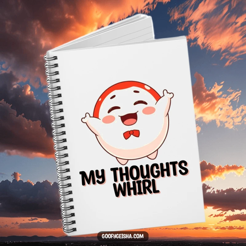 Funny notebook with a floating Daruma doll character joyfully spinning, ideal for notes, goals, and spreading good vibes.