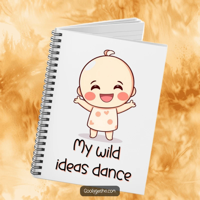 Funny Kokeshi doll notebook with a grinning character doing a silly dance, ideal for capturing ideas with a humorous and energetic visual flair.