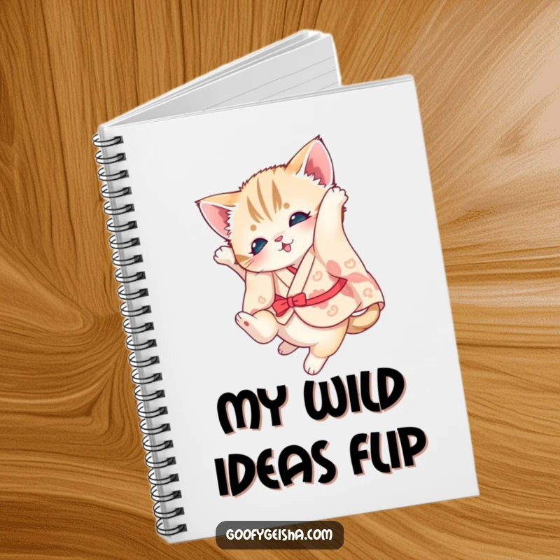 Funny kitten notebook featuring a kitten in a kimono doing a somersault, perfect for creative notes.