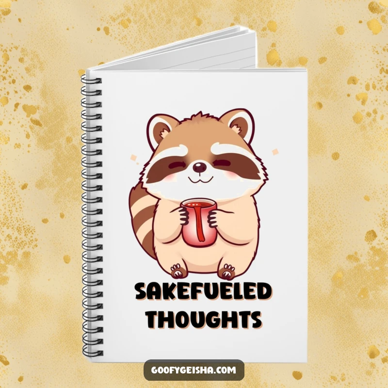 Funny Tanuki sake notebook featuring a cute winking character holding a sake cup, perfect for jotting down notes and ideas.
