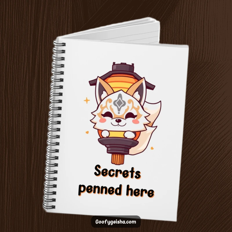 Funny notebook with a cute Kitsune masked character playfully peeking from behind a lantern, ideal for notes, doodles, and playful ideas.