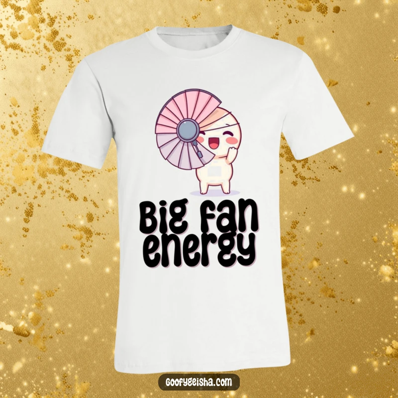 Funny t-shirt showcasing a cute, round Kawaii character ecstatically holding a huge fan, perfect for expressing grand excitement and joy.