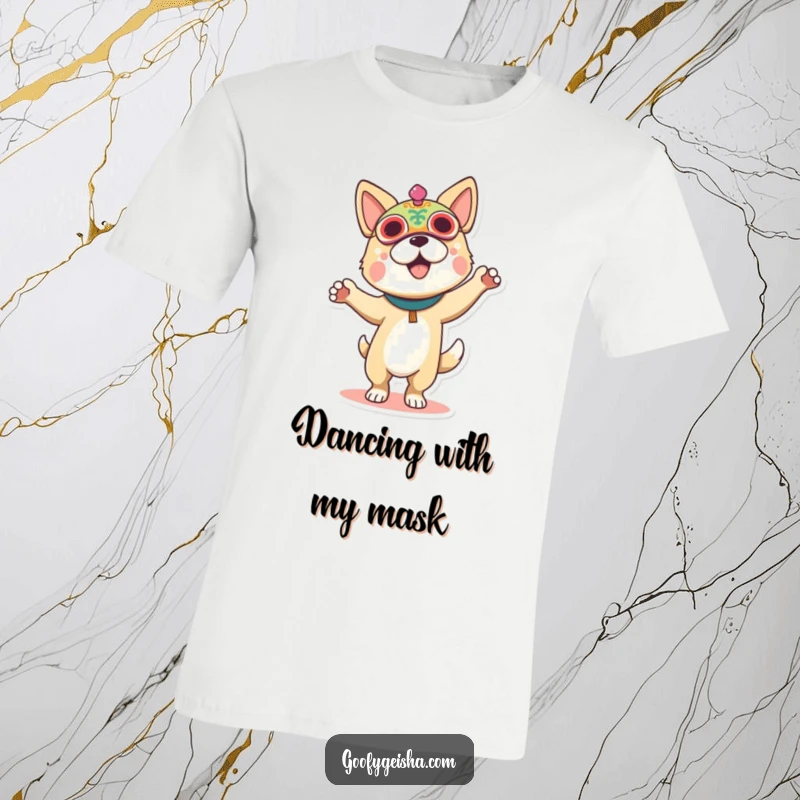 Funny t-shirt of a dog in a vibrant festival mask, captured mid-dance, radiating pure joyful energy.