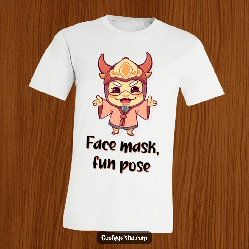 Funny t-shirt with a character in a vibrant traditional mask striking an exaggerated, silly pose, embodying pure, unadulterated delight and fun.