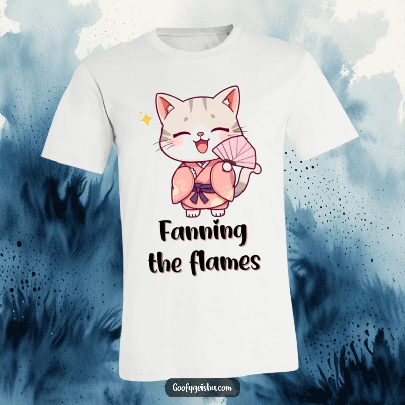 Funny T-Shirt: A cute Kawaii cat wearing a kimono, happily fanning itself, showcasing adorable style and refreshing charm.