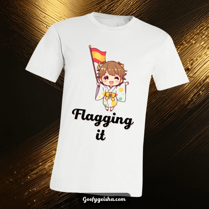 Funny t-shirt of a character in a kimono, energetically waving a colorful flag, dressed for a fun and festive occasion.