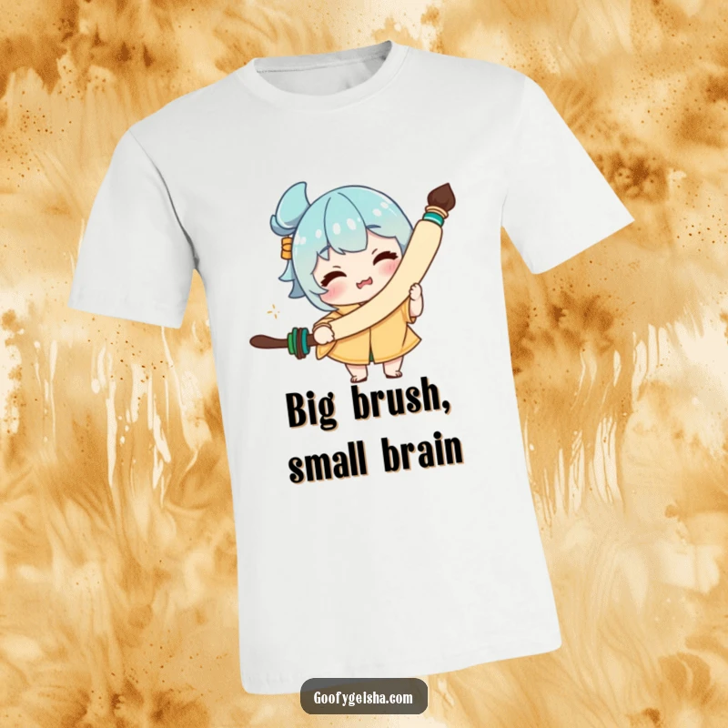 Funny t-shirt featuring a character with a comical expression holding a massive calligraphy brush, celebrating artistic endeavors.