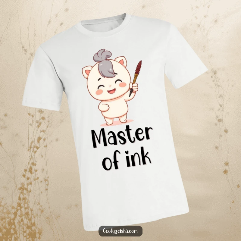 Funny t-shirt depicting a proud character holding a tiny calligraphy brush, celebrating artistic talent and creative expression.