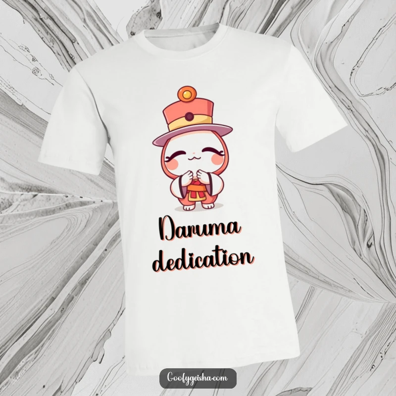 Funny t-shirt featuring a character wearing a daruma doll as a top hat, executing a graceful and respectful bow.