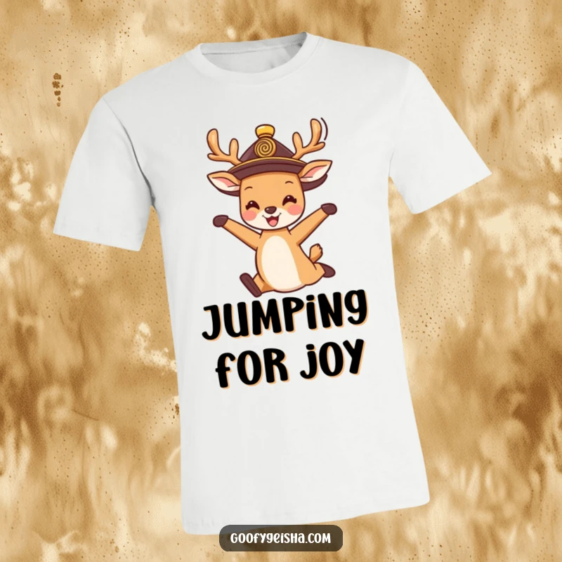 Funny T-Shirt: A cute deer in a traditional hat joyfully jumping, conveying pure happiness and energetic fun.