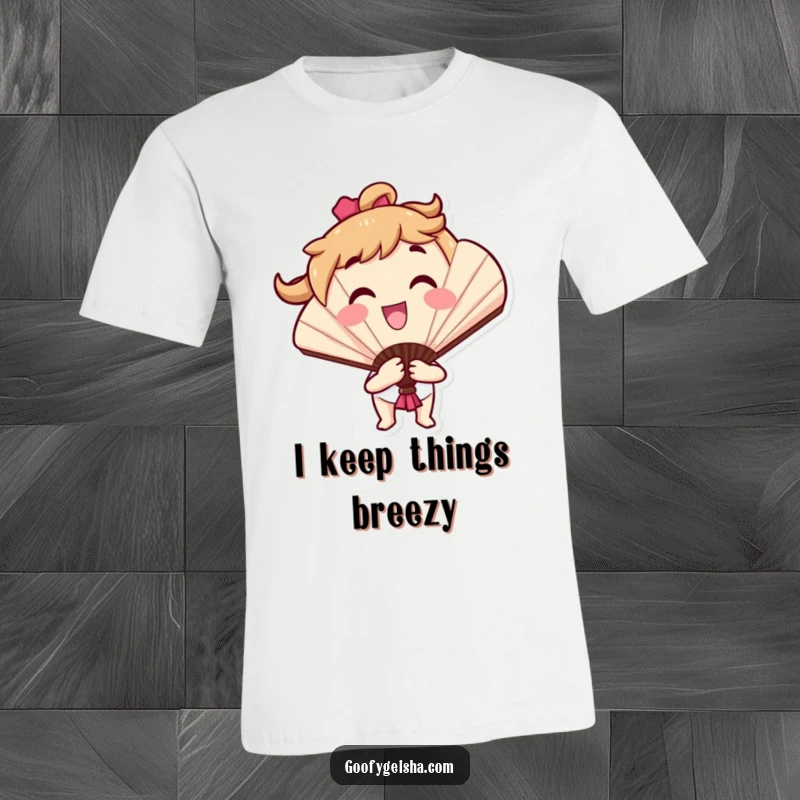 Funny t-shirt showcasing a smiling fan character in mid-flourish, exuding happiness and playful energy, perfect for casual wear.