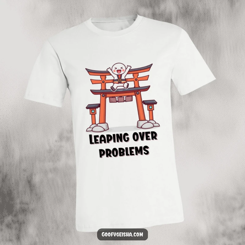 Funny t-shirt featuring a character joyfully leaping energetically over a stylized Torii gate, radiating pure happiness.