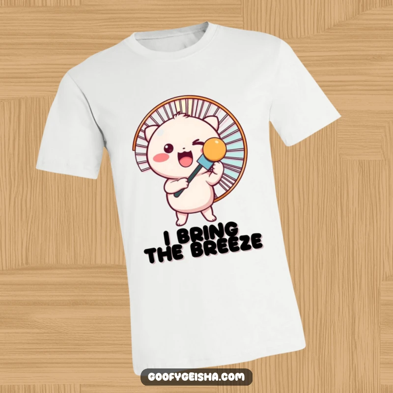 Funny T-shirt displays a small, round Kawaii character excitedly holding a huge fan, ready for refreshment.