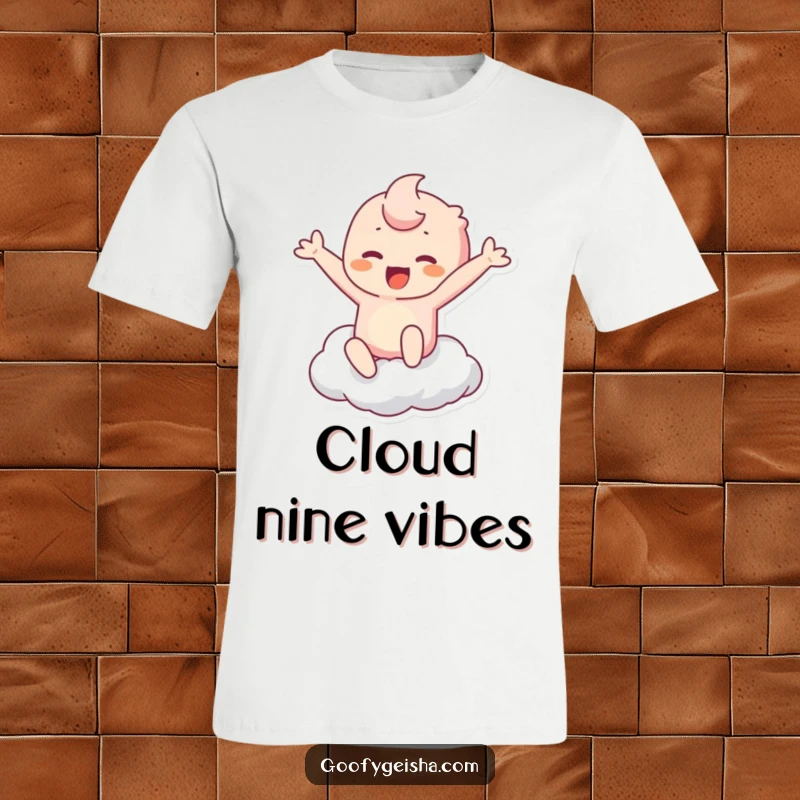 Funny Kawaii T-Shirt: Character leaping with exaggerated joy to touch a cloud, radiating happiness. Ideal funny gift.