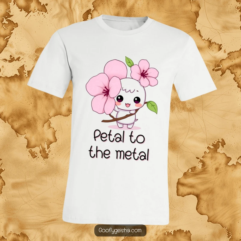 Funny Kawaii t-shirt featuring a mischievous character gently tapping a giant cherry blossom petal, perfect for cute and funny apparel.