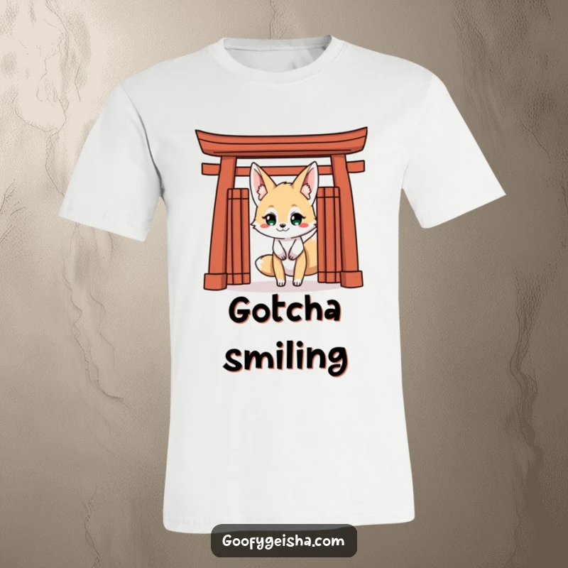 Funny Kitsune Fox T-Shirt: A mischievous Kitsune peeks with a grin from behind a Torii gate, capturing Japanese folklore charm.