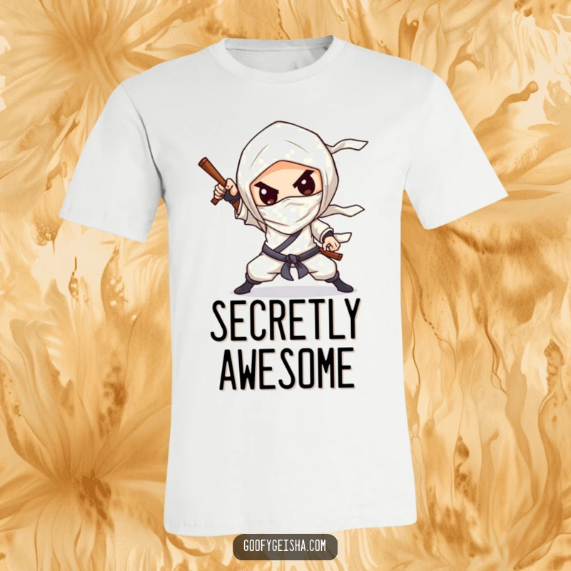 Funny T-Shirt: Adorable chibified character striking a dramatic ninja pose with a silly grin, pure mischief.