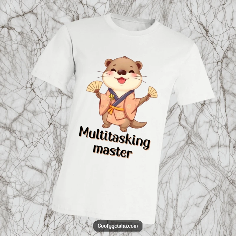 Funny cheerful otter wearing a vibrant kimono, skillfully juggling small fans with enthusiasm, ideal for a fun t-shirt.
