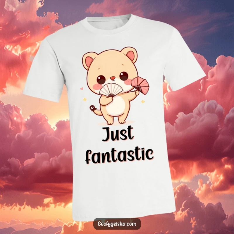Funny t-shirt showcasing a cute character sporting a tiny paper fan, humorously wiggling its hips in a dance move.
