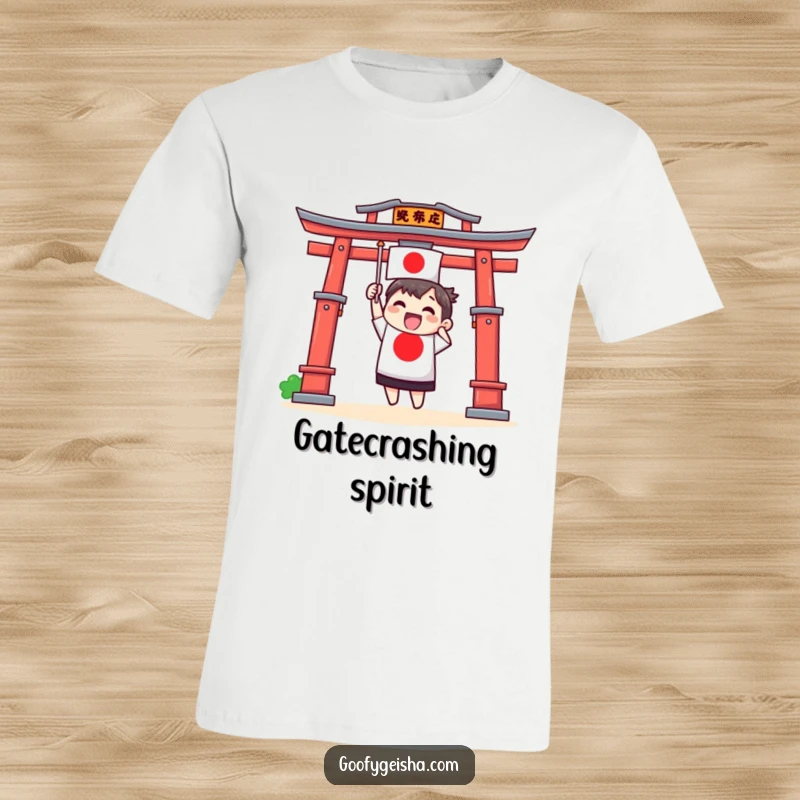 Funny t-shirt showing an excited Torii gate character enthusiastically waving a tiny Japanese flag, celebrating cultural pride.