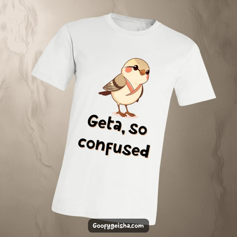 Funny t-shirt depicting a curious little sparrow in a dainty kimono, comically attempting to wear traditional geta sandals.
