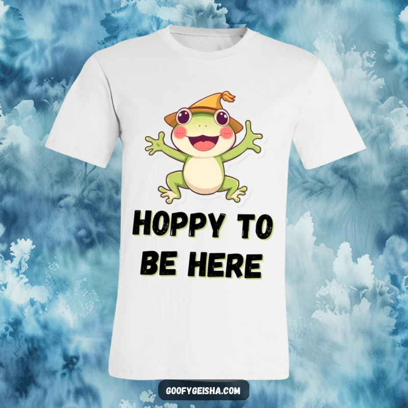 Funny frog t-shirt character sporting a straw hat, captured mid-leap with pure exhilaration. A lively and humorous apparel choice.