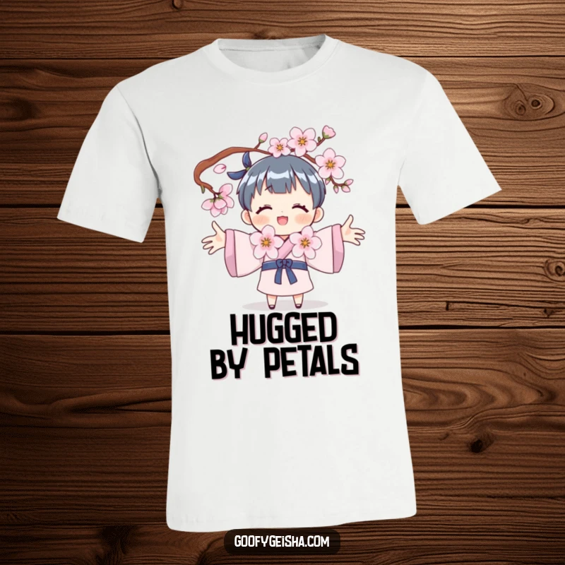 Funny t-shirt with a character joyfully embracing a blooming cherry blossom tree, capturing a moment of pure natural appreciation.