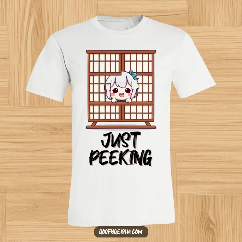 Funny Kawaii T-Shirt: Giggling character playfully peeking from behind Shoji screen, embodying humor and fun. Ideal funny gift.