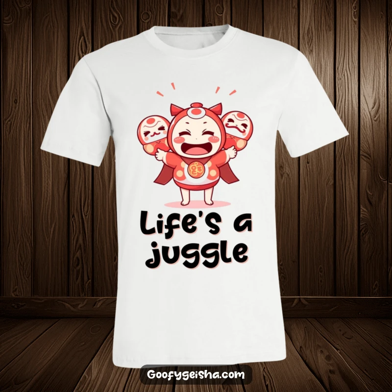 Funny Kawaii T-Shirt: Character looking bewildered while juggling daruma dolls, a humorous depiction of life's tasks. Ideal funny gift.