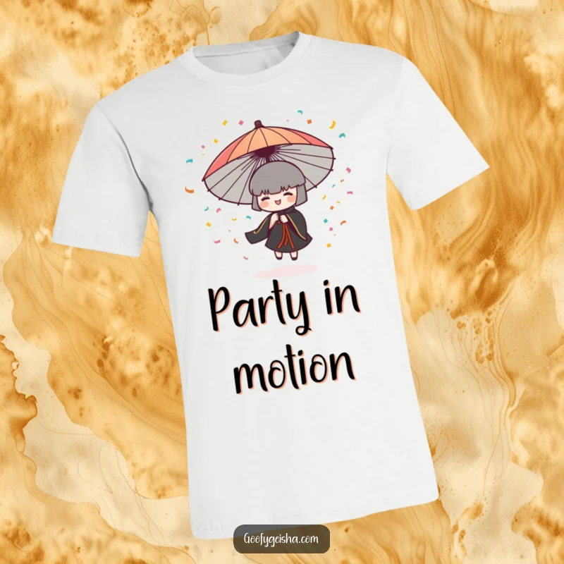 Funny t-shirt featuring a Japanese umbrella character spinning energetically, creating a joyful explosion of colorful confetti.