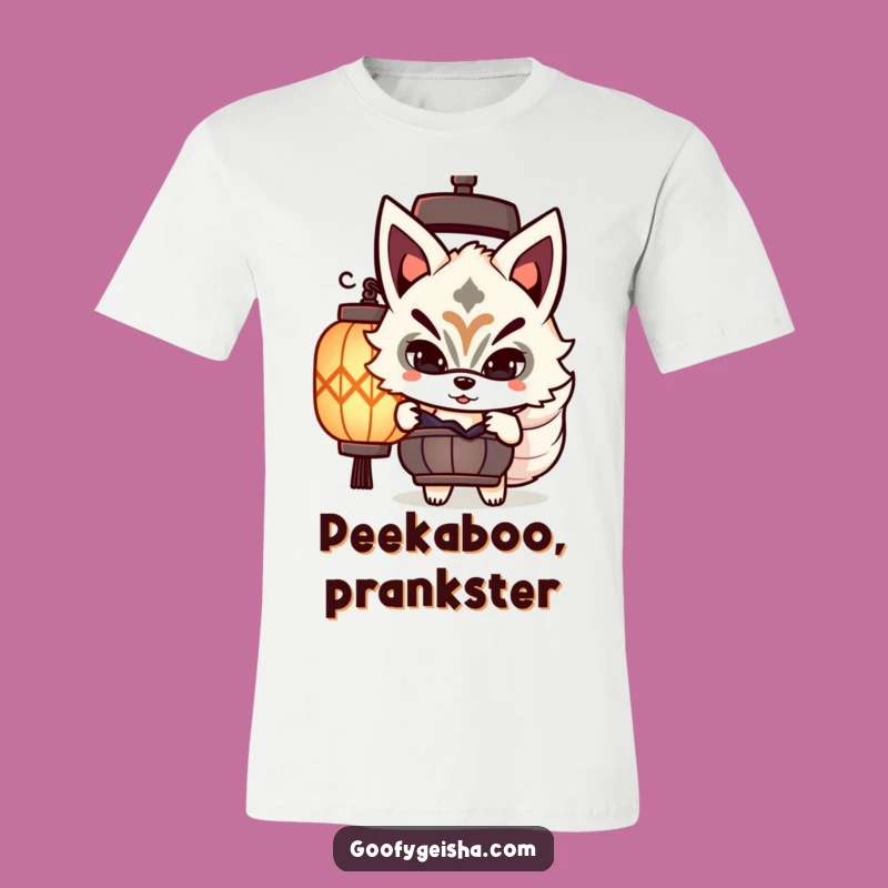 Funny Kitsune Mask Tee: Playful Peeking Character Shirt for a Hint of Mischief