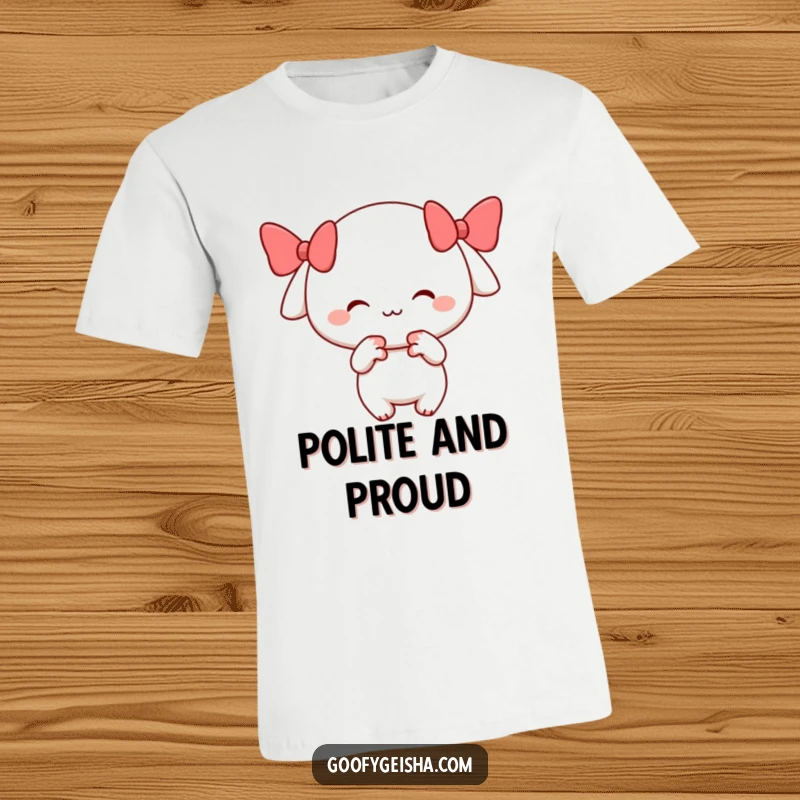 Funny t-shirt of a little character with a cheerful smile, performing a playful and polite bow, designed for humor.