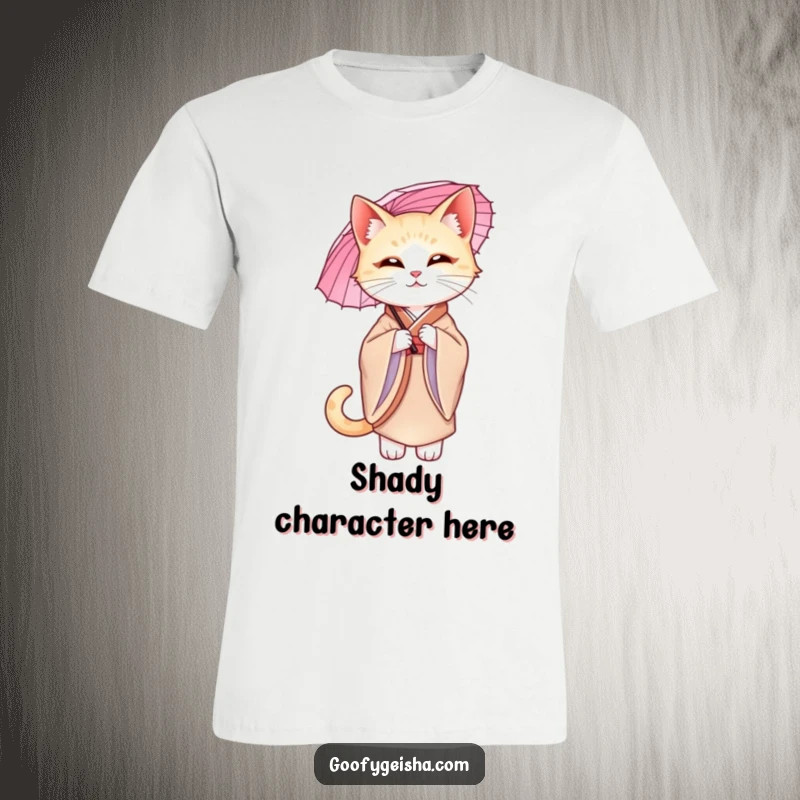 Funny graceful cat wearing a silk kimono, holding a stylish parasol with poise, ideal for a fashionable t-shirt.