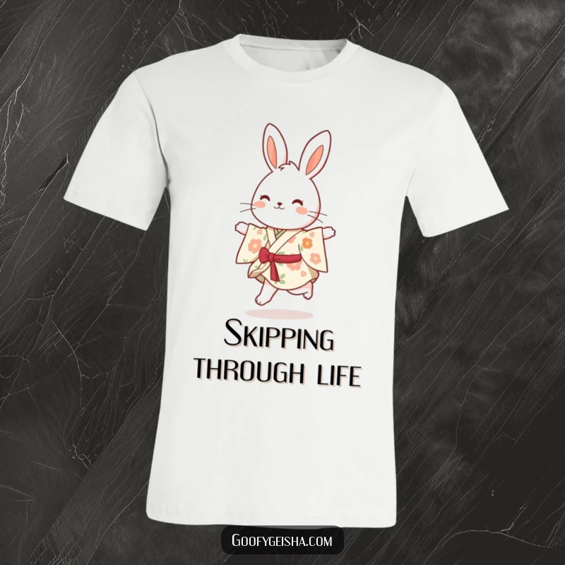 Funny bouncy bunny wearing a vibrant floral kimono, happily skipping with pure joy, ideal for a fun t-shirt.