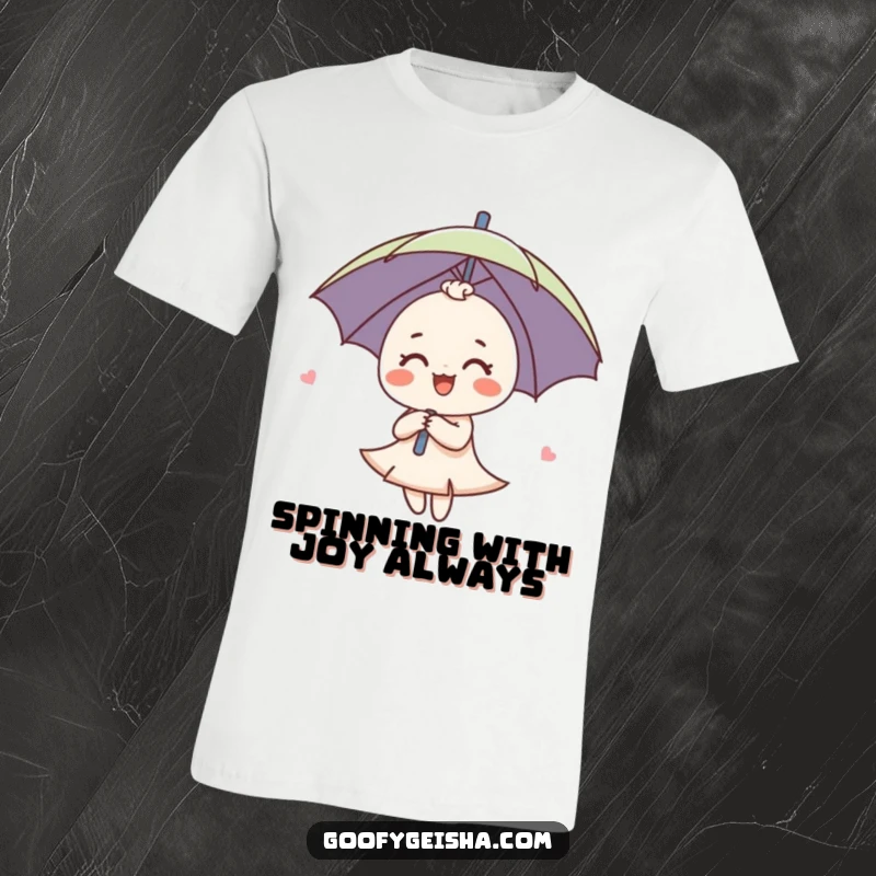 Funny Umbrella T-Shirt showcasing a cute umbrella character in a joyful spin, perfect for expressing happiness and fun.
