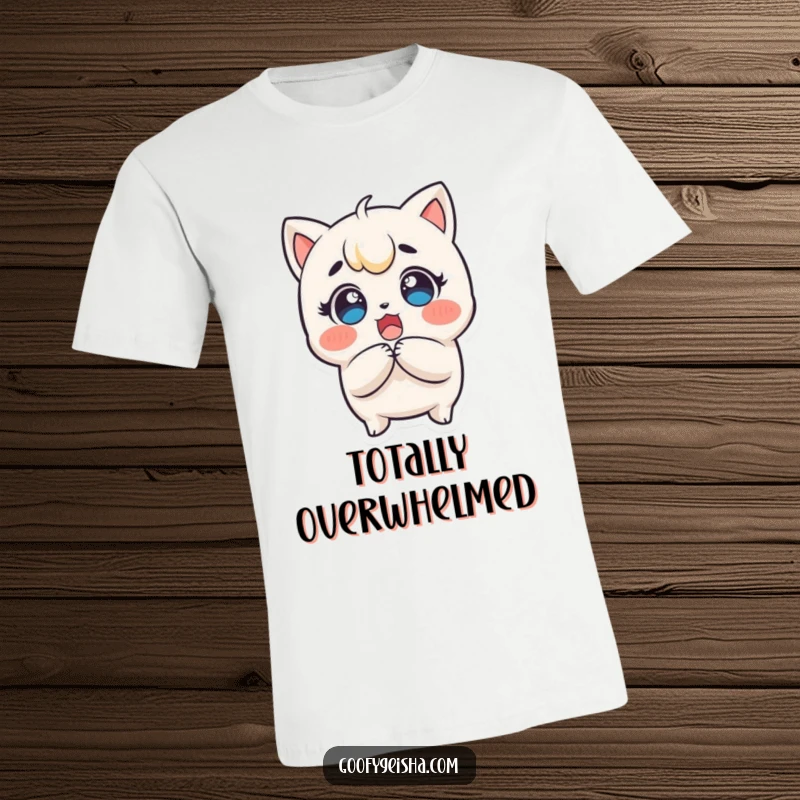 Funny Kawaii T-Shirt: Surprised character clutching head, eyes wide with delight, showcasing comical shock and a great funny gift.