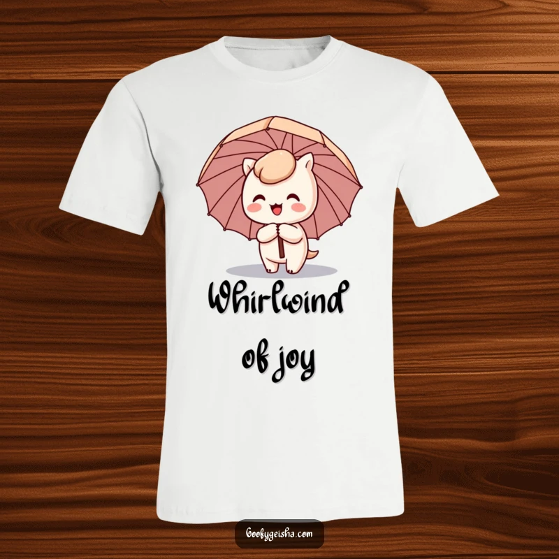 Funny Kawaii t-shirt with a cute character happily spinning with a comical umbrella tilted sideways, radiating cheerful energy.