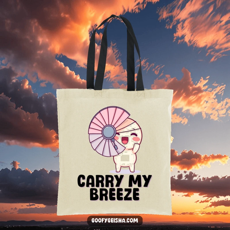 Funny tote bag with a small, round Kawaii character excitedly holding a giant fan, ready for any adventure or shopping trip.