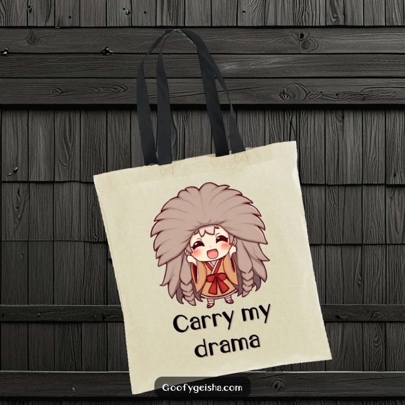 Funny tote bag featuring a character excitedly trying on a huge Kabuki wig, perfect for carrying items with a touch of theatrical humor.