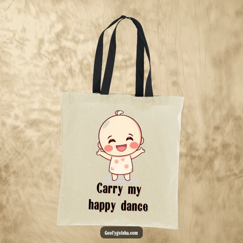Funny Kokeshi doll tote bag featuring a grinning character enthusiastically doing a silly dance, a practical and humorous statement piece for daily use.