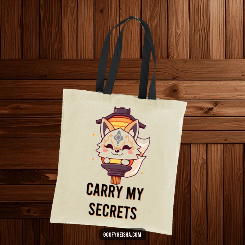 Funny tote bag with a cute Kitsune masked character playfully peeking from behind a lantern, perfect for carrying essentials with charm.