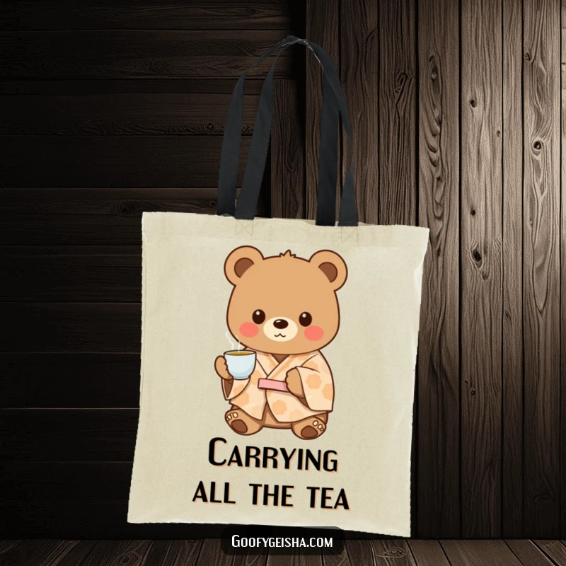 Funny charming bear in a patterned kimono, offering tea with a friendly smile, perfect for a durable and cozy tote bag.