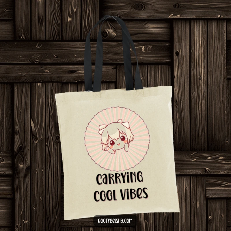 Funny tote bag showcasing a cute character peeking from behind a big fan, offering a cheerful wave.